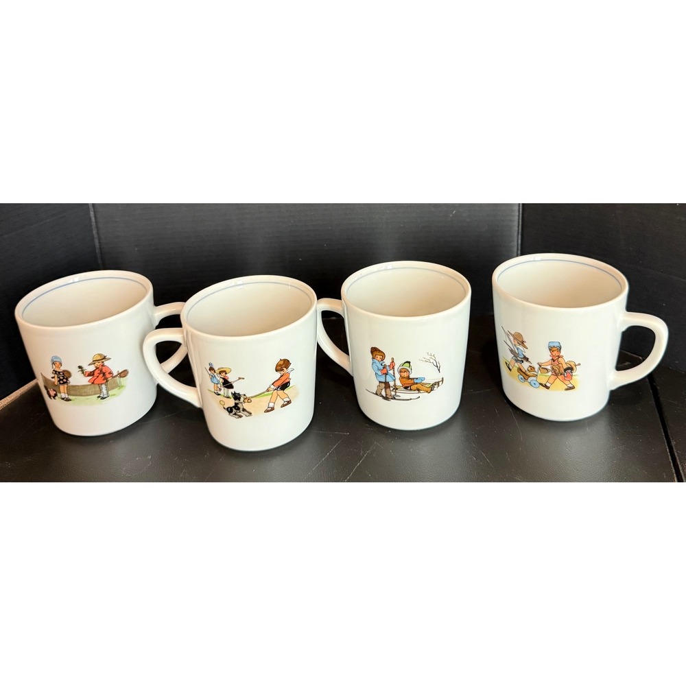 Pier 1 Imports 8oz Mug Set White Vintage Children Play Illustrations Set Of 4